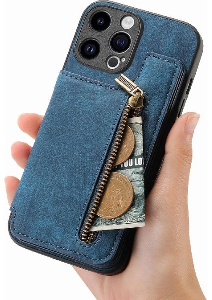 IPhone 15 Için Kılıf Pro Max Vintage Fermuar Cüzdan Standı Fonksiyonu Katlanabilir (Yurt Dışından)