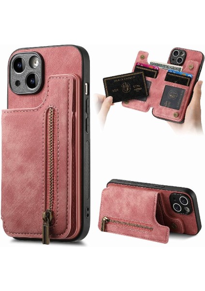 IPhone 15 Için Kılıf Katlanabilir Arka Kapak Vintage Fermuar Cüzdan Standı Fonksiyonu (Yurt Dışından)
