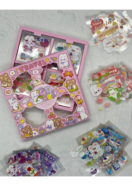 Sevimli Tavşan 4 Bölümlü 100 Yaprak Pembe Kutu Sticker Seti / Bullet Journal / Scrapbook