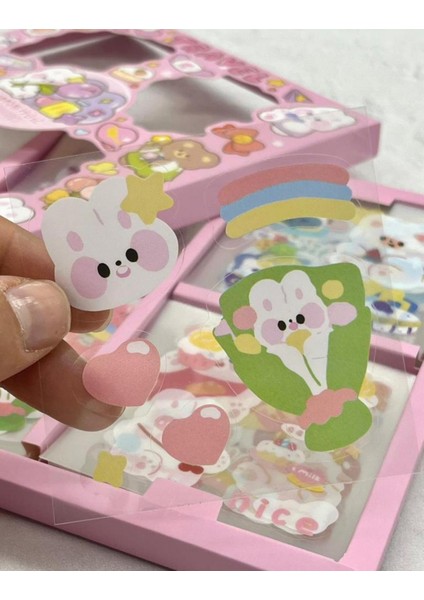 Sevimli Tavşan 4 Bölümlü 100 Yaprak Pembe Kutu Sticker Seti / Bullet Journal / Scrapbook