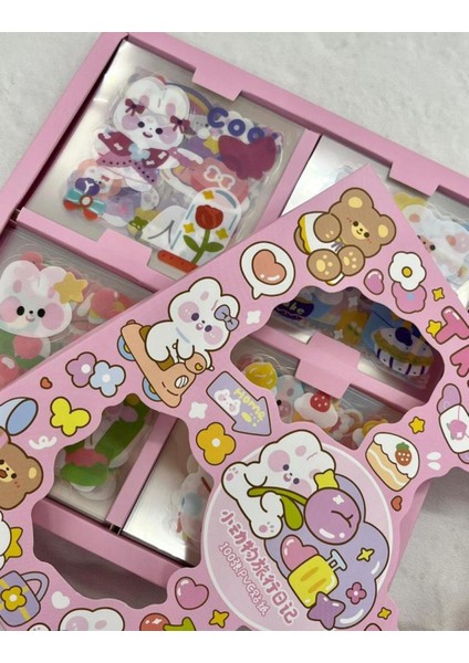 Sevimli Tavşan 4 Bölümlü 100 Yaprak Pembe Kutu Sticker Seti / Bullet Journal / Scrapbook