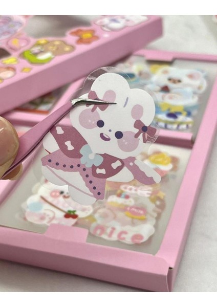 Sevimli Tavşan 4 Bölümlü 100 Yaprak Pembe Kutu Sticker Seti / Bullet Journal / Scrapbook