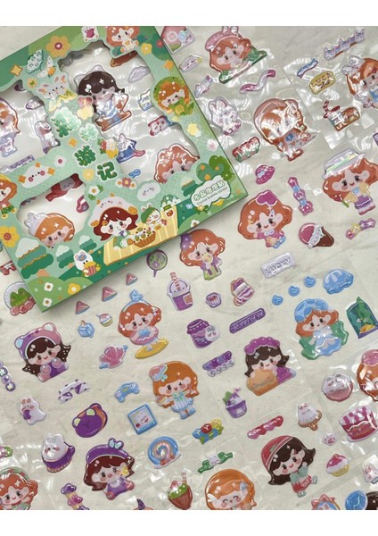 Sevimli Kız Piknikte 3 Bölümlü 18 Yaprak Yeşil Kutu Kabartmalı Sticker Seti / Su Geçirmez fiyatları