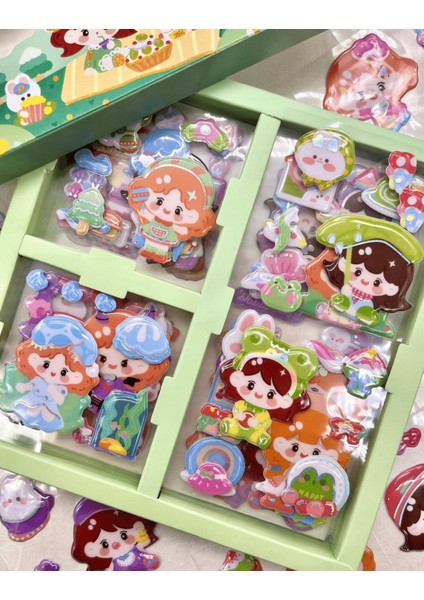 Sevimli Kız Piknikte 3 Bölümlü 18 Yaprak Yeşil Kutu Kabartmalı Sticker Seti / Su Geçirmez modelleri