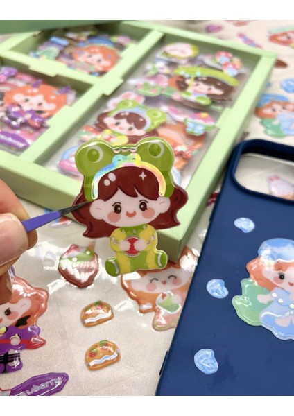 Sevimli Kız Piknikte 3 Bölümlü 18 Yaprak Yeşil Kutu Kabartmalı Sticker Seti / Su Geçirmez indirimleri