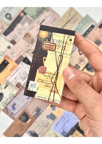 Vintage Mektup ve Zarf Desenli 50 Yaprak Siyah Defter Sticker / Bullet Journal / Scrapbook