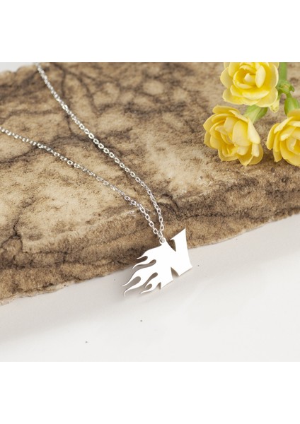 925 Ayar Gümüş Alevli N Harfi Kolye Özel Tasarım modelleri