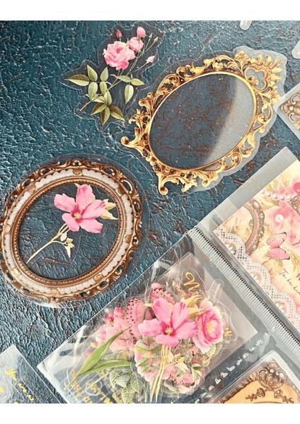 Flowers In Spring Serisi Pembe Renk Fotoğraf Çerçevesi İle Çiçek Desenli 30 Adet Şeffaf Pet Sticker indirimleri