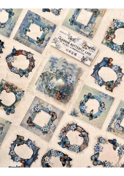 Mırror Butterfly Love Serisi Mavi Renk Çiçek ve Kelebek Desenli Çerçeve 30 Adet Şeffaf Pet Sticker