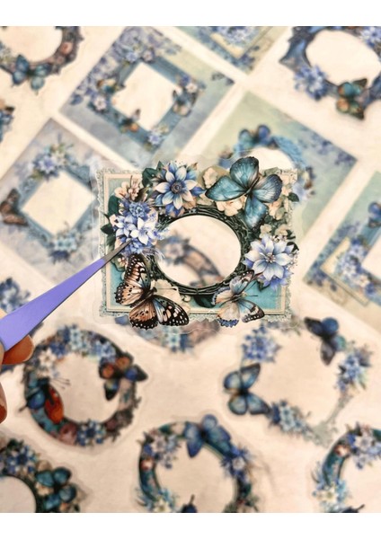 Mırror Butterfly Love Serisi Mavi Renk Çiçek ve Kelebek Desenli Çerçeve 30 Adet Şeffaf Pet Sticker