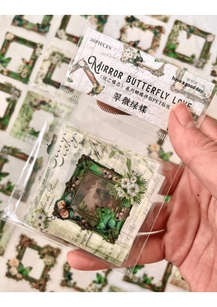 Mırror Butterfly Love Serisi Yeşil Renk Çiçek ve Kelebek Desenli Çerçeve 30 Adet Şeffaf Pet Sticker