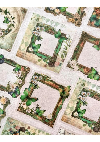 Mırror Butterfly Love Serisi Yeşil Renk Çiçek ve Kelebek Desenli Çerçeve 30 Adet Şeffaf Pet Sticker