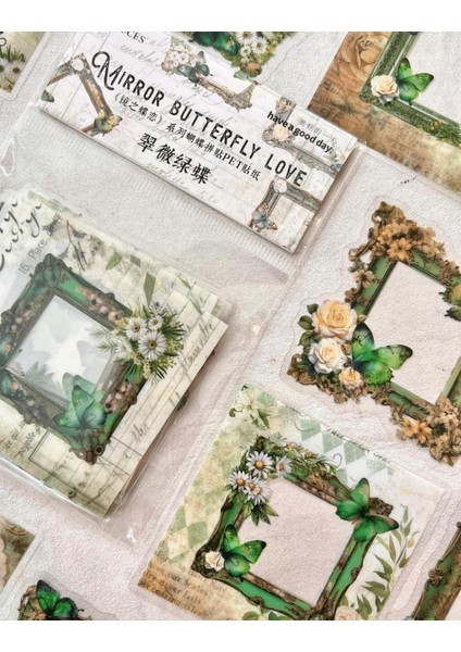 Mırror Butterfly Love Serisi Yeşil Renk Çiçek ve Kelebek Desenli Çerçeve 30 Adet Şeffaf Pet Sticker