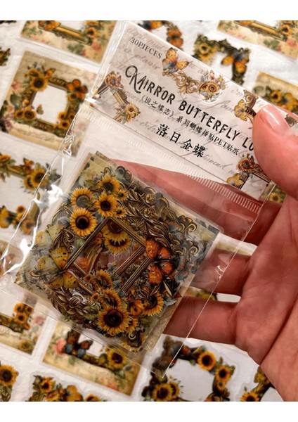 Mırror Butterfly Love Serisi Sarı Renk Çiçek ve Kelebek Desenli Çerçeve 30 Adet Şeffaf Pet Sticker