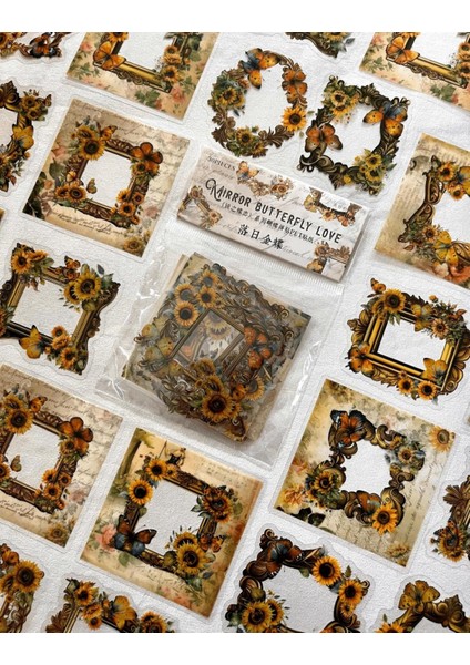 Mırror Butterfly Love Serisi Sarı Renk Çiçek ve Kelebek Desenli Çerçeve 30 Adet Şeffaf Pet Sticker
