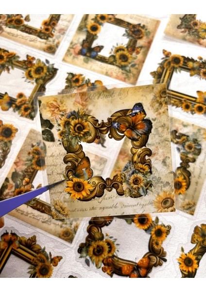 Mırror Butterfly Love Serisi Sarı Renk Çiçek ve Kelebek Desenli Çerçeve 30 Adet Şeffaf Pet Sticker