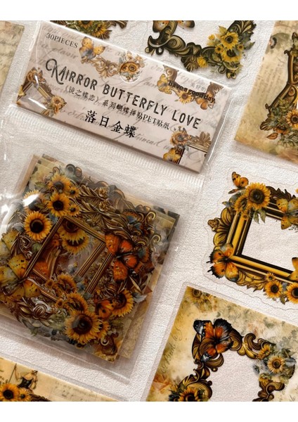 Mırror Butterfly Love Serisi Sarı Renk Çiçek ve Kelebek Desenli Çerçeve 30 Adet Şeffaf Pet Sticker