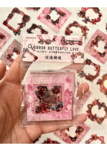 Mırror Butterfly Love Serisi Renkli Çiçek ve Kelebek Desenli Çerçeve 30 Adet Şeffaf Pet Sticker