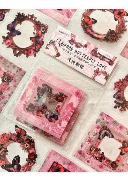 Mırror Butterfly Love Serisi Renkli Çiçek ve Kelebek Desenli Çerçeve 30 Adet Şeffaf Pet Sticker indirimleri