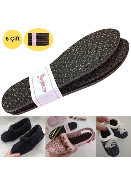6 Çift Siyah Keçe Kaydırmazdelikli Hobi Örgü Panduf Patik Tabanı