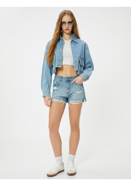 Kot Şort Yüksek Bel Yıpratılmış Detaylı