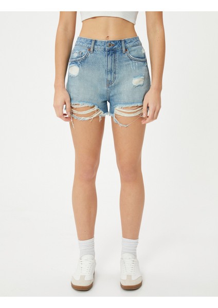 Kot Şort Yüksek Bel Yıpratılmış Detaylı modelleri