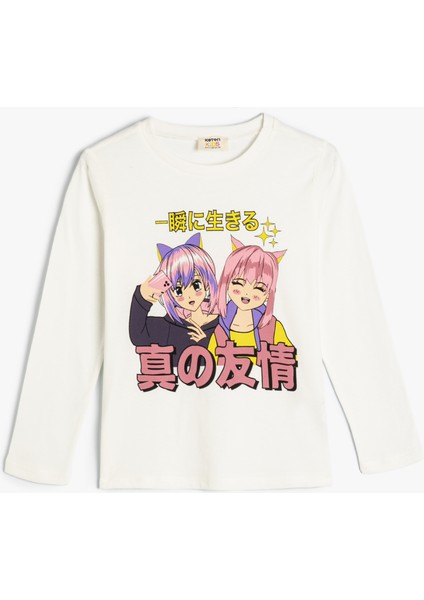 T-Shirt Anime Baskılı Uzun Kollu Bisiklet Yaka Pamuklu