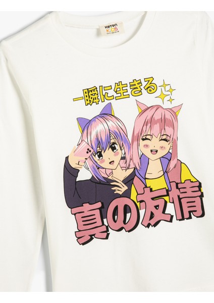 T-Shirt Anime Baskılı Uzun Kollu Bisiklet Yaka Pamuklu