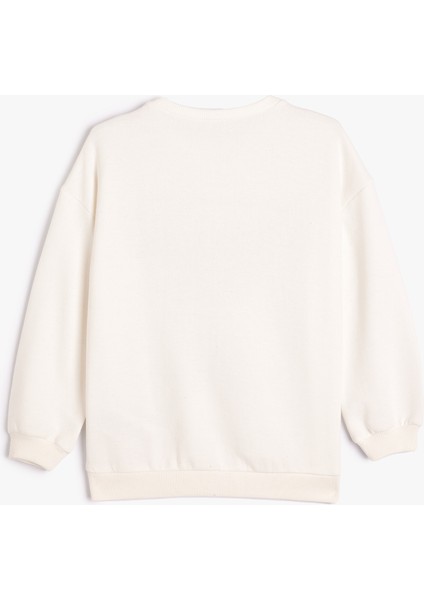 Ayıcık Baskılı Sweatshirt Uzun Kollu Bisiklet Yaka Şardonlu