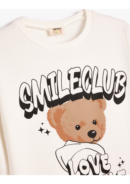 Ayıcık Baskılı Sweatshirt Uzun Kollu Bisiklet Yaka Şardonlu