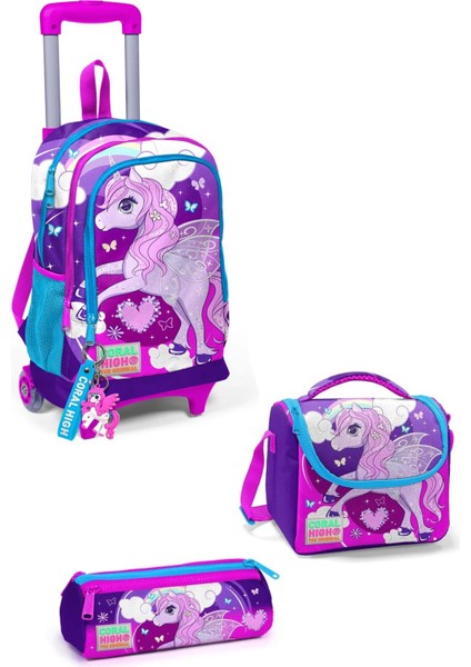 Kids Unicorn Desenli Mor Pembe Üç Bölmeli Çekçekli Okul Sırt Çantası 3'lü Set 3SET23908