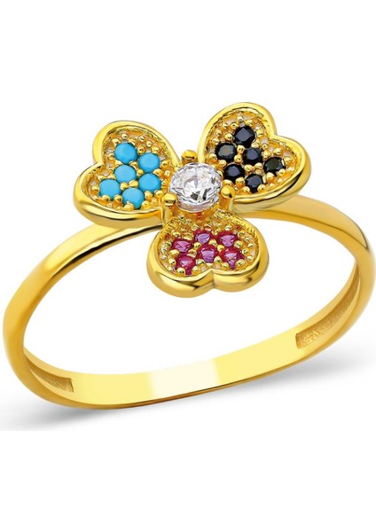 Renkli Taşlı Üç Yapraklı Yonca Yüzük