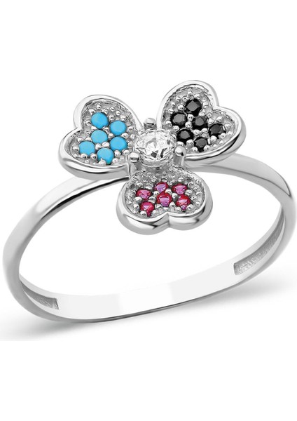 Renkli Taşlı Üç Yapraklı Yonca Yüzük fiyatları