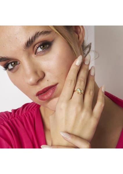 Renkli Taşlı Üç Yapraklı Yonca Yüzük modelleri