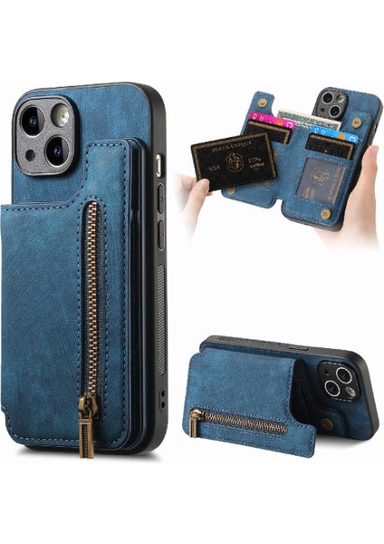 IPhone 15 Için Kılıf Katlanabilir Arka Kapak Vintage Fermuar Cüzdan Standı Fonksiyonu (Yurt Dışından)