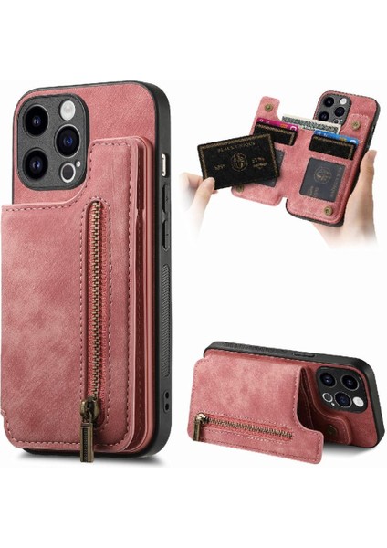 IPhone 15 Için Kılıf Pro Vintage Fermuar Cüzdan Standı Fonksiyonu Katlanabilir Geri (Yurt Dışından)