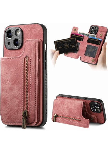 IPhone 14 Için Kılıf Katlanabilir Arka Kapak Standı Fonksiyonu Vintage Fermuar Cüzdan (Yurt Dışından)