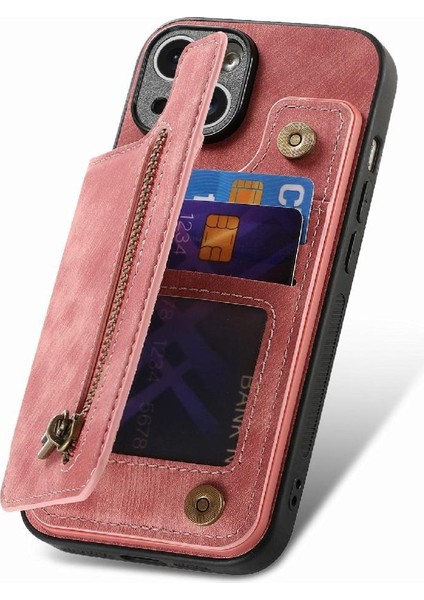 IPhone 14 Için Kılıf Katlanabilir Arka Kapak Standı Fonksiyonu Vintage Fermuar Cüzdan (Yurt Dışından)