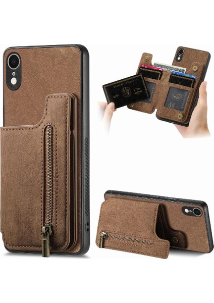 IPhone Xr Için Kılıf Standı Fonksiyonu Katlanabilir Arka Kapak Vintage Fermuar Cüzdan (Yurt Dışından)