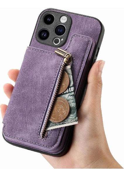 IPhone 15 Için Kılıf Pro Max Vintage Fermuar Cüzdan Standı Fonksiyonu Katlanabilir (Yurt Dışından)
