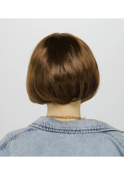 Kahve Renk Düz Kesim Küt Parti Peruğu Kısa Takma Saç modelleri