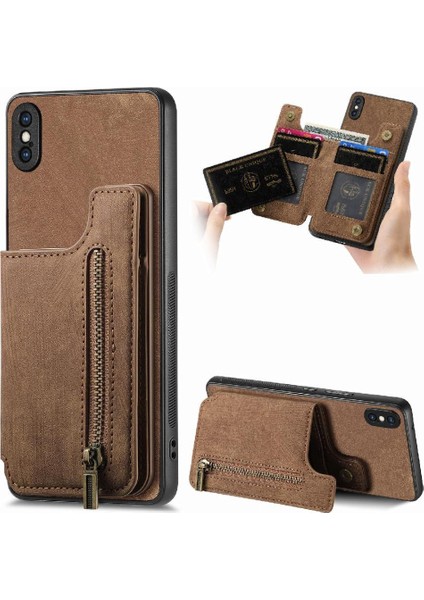 IPhone Xs Max Katlanabilir Arka Kapak Vintage Fermuar Cüzdan Standı (Yurt Dışından)