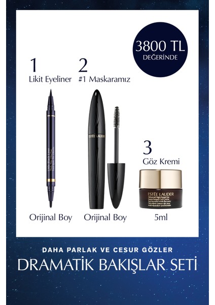 Estee Lauder Dramatik Bakışlar Seti - Siyah Likit Eyeliner, Turbo Lash Maskara 8ml,  Göz Kremi 5ml