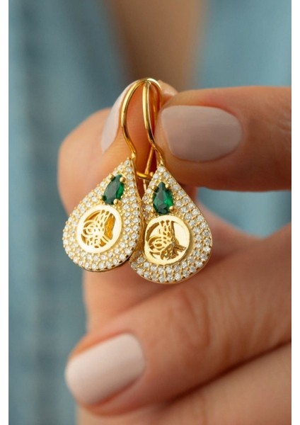925 Ayar Gold Zirkon Taşlı Tuğralı Gümüş Küpe