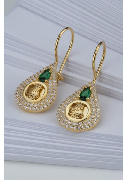925 Ayar Gold Zirkon Taşlı Tuğralı Gümüş Küpe modelleri