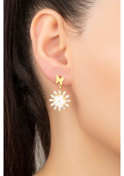 925 Ayar Gümüş Sedefli Beyaz Çiçek Küpe