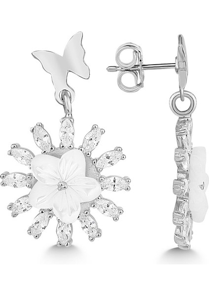 925 Ayar Gümüş Sedefli Beyaz Çiçek Küpe modelleri