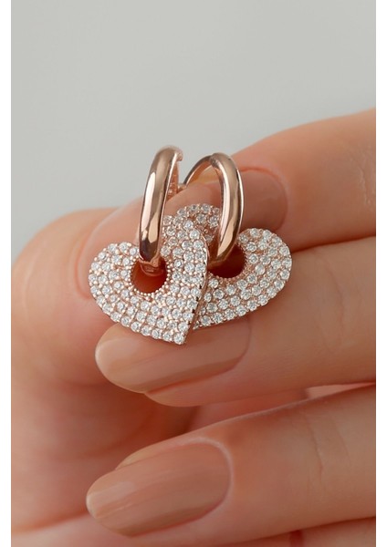 925 Ayar Sallantılı Kalp Rose Gümüş Küpe