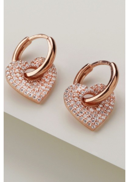 925 Ayar Sallantılı Kalp Rose Gümüş Küpe modelleri