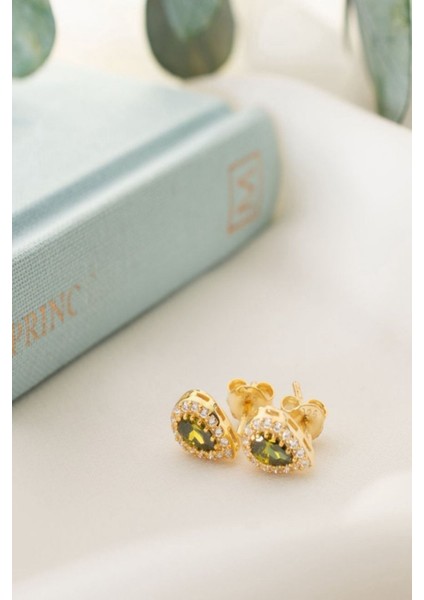 925 Ayar Gümüş Ağustos Ayı Doğum Taşı ( Peridot ) Damla Küpe